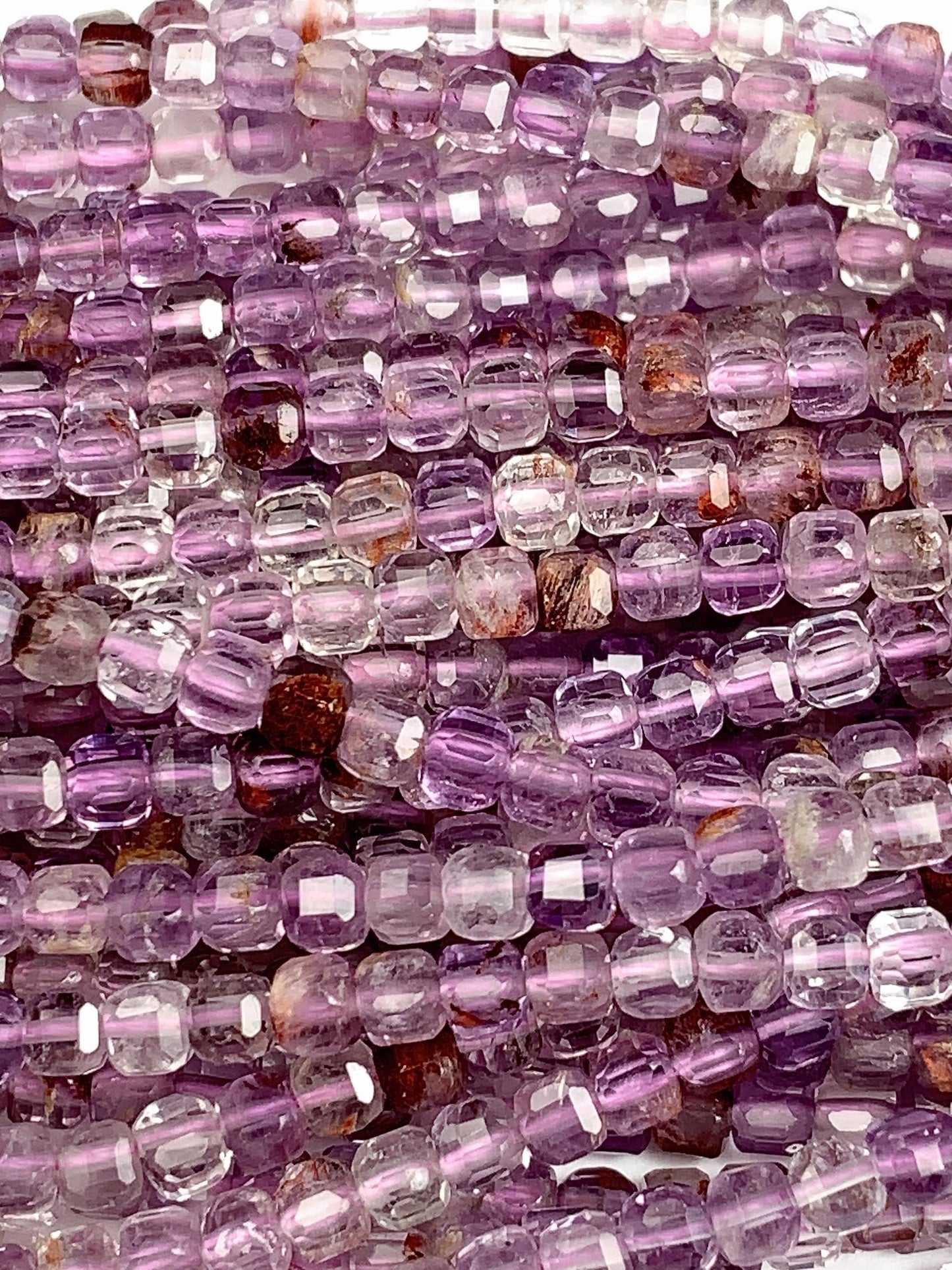 3mm Supper 7 seven Crystal Phantom Amethyst Cacoxenite Faceted Cube Square Beads 15.5" Strand Gemstone