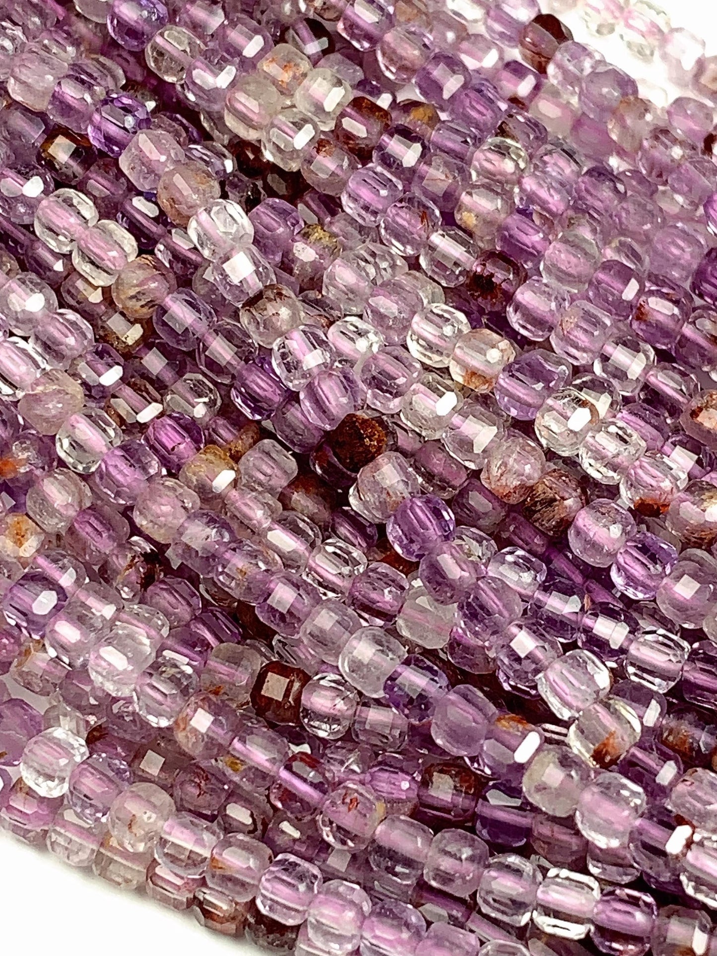 3mm Supper 7 seven Crystal Phantom Amethyst Cacoxenite Faceted Cube Square Beads 15.5" Strand Gemstone