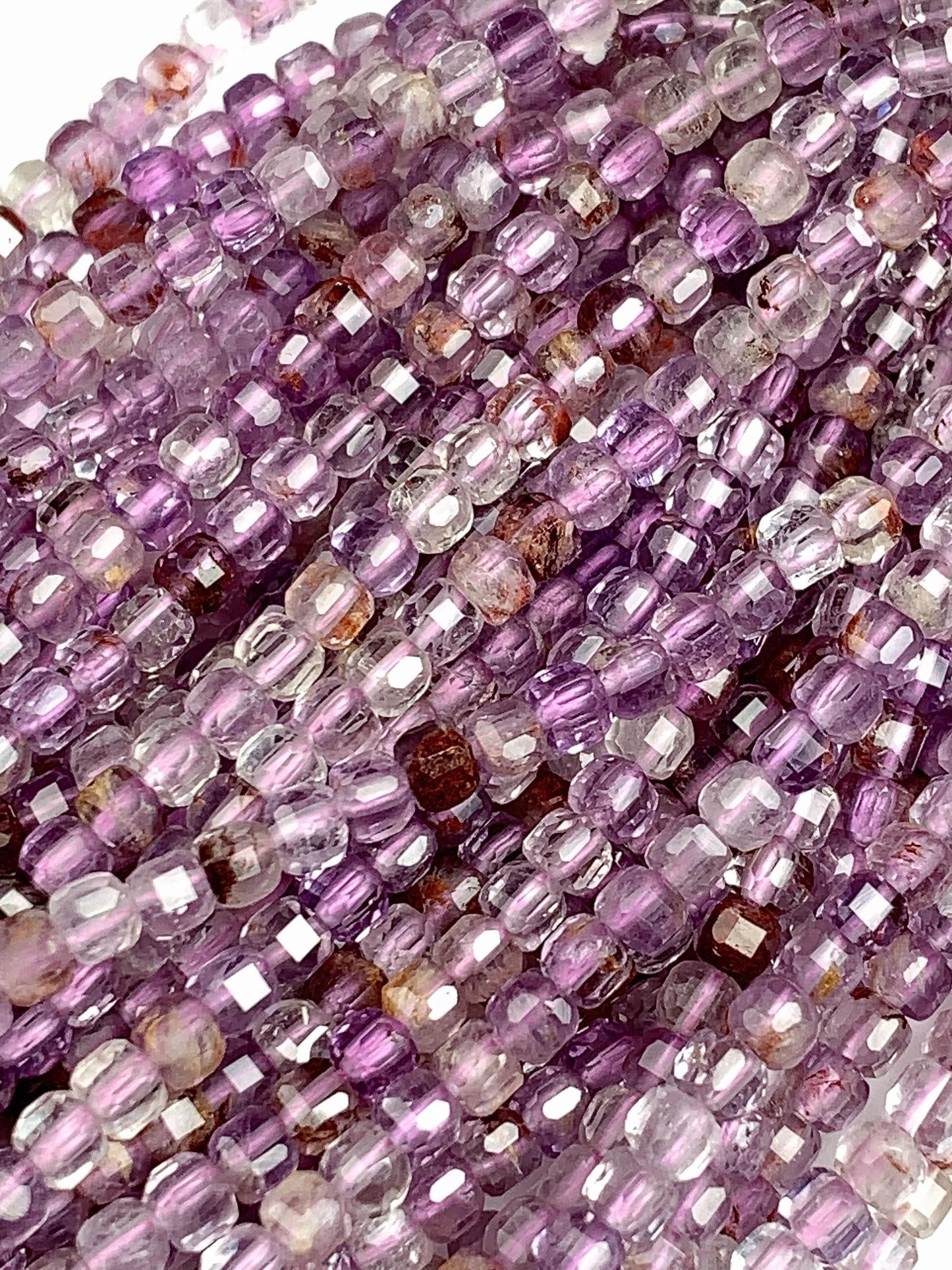3mm Supper 7 seven Crystal Phantom Amethyst Cacoxenite Faceted Cube Square Beads 15.5" Strand Gemstone