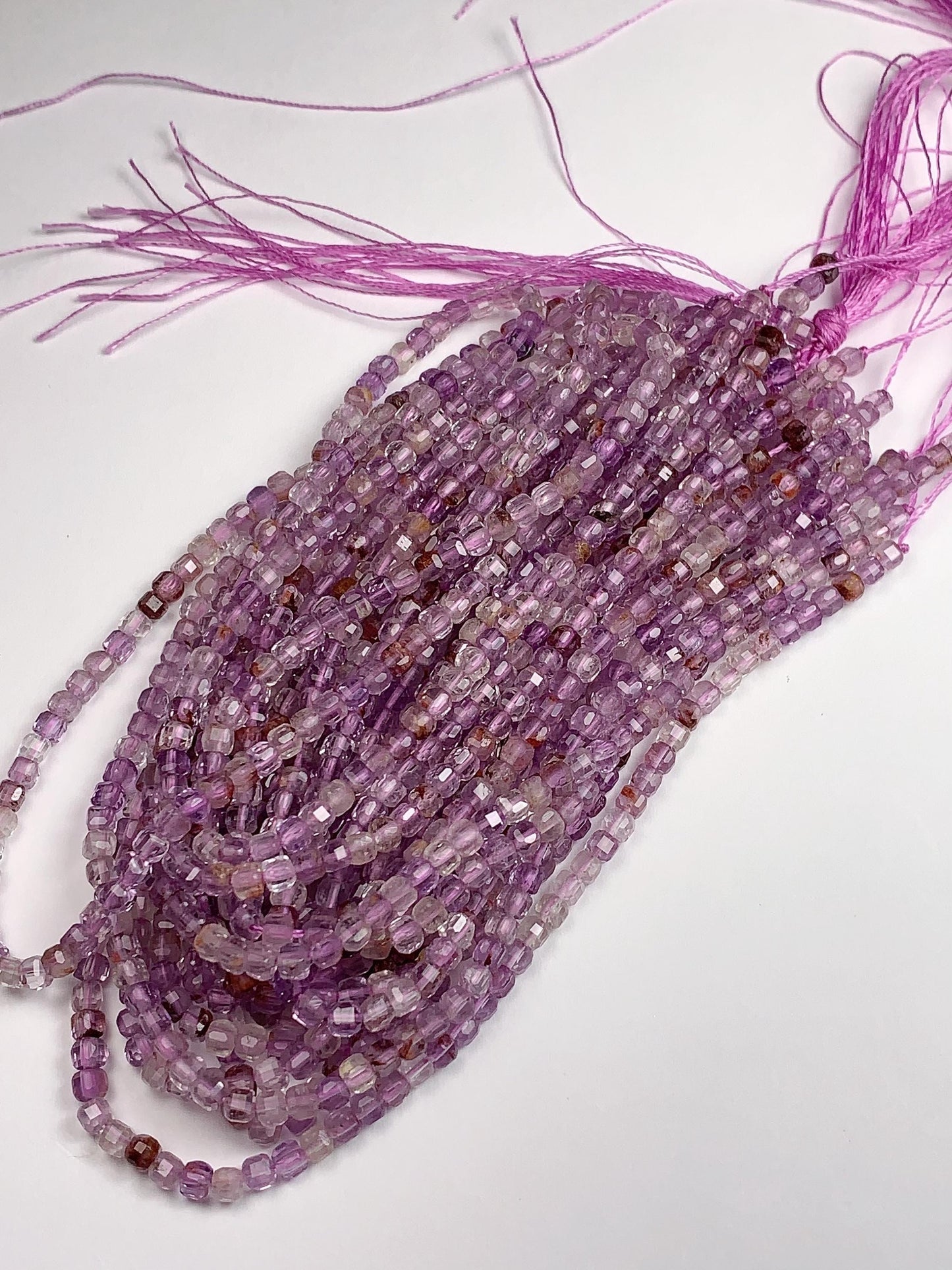 3mm Supper 7 seven Crystal Phantom Amethyst Cacoxenite Faceted Cube Square Beads 15.5" Strand Gemstone