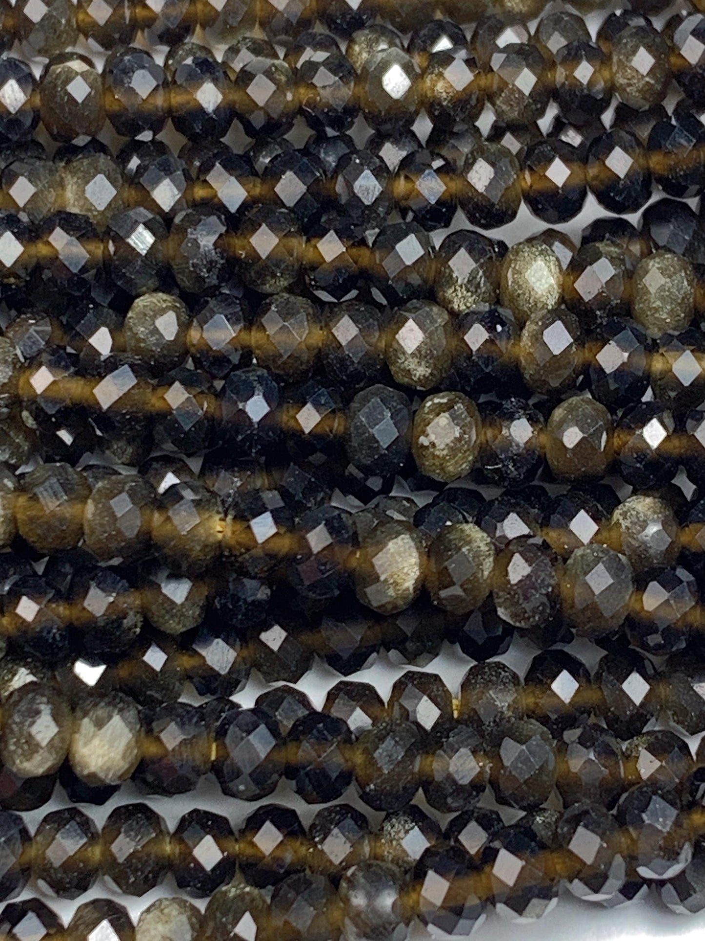 Grade AAA+ Genuine Natural Black Golden Obsidian Faceted Rondelle Beads 15.5" Strand Gold