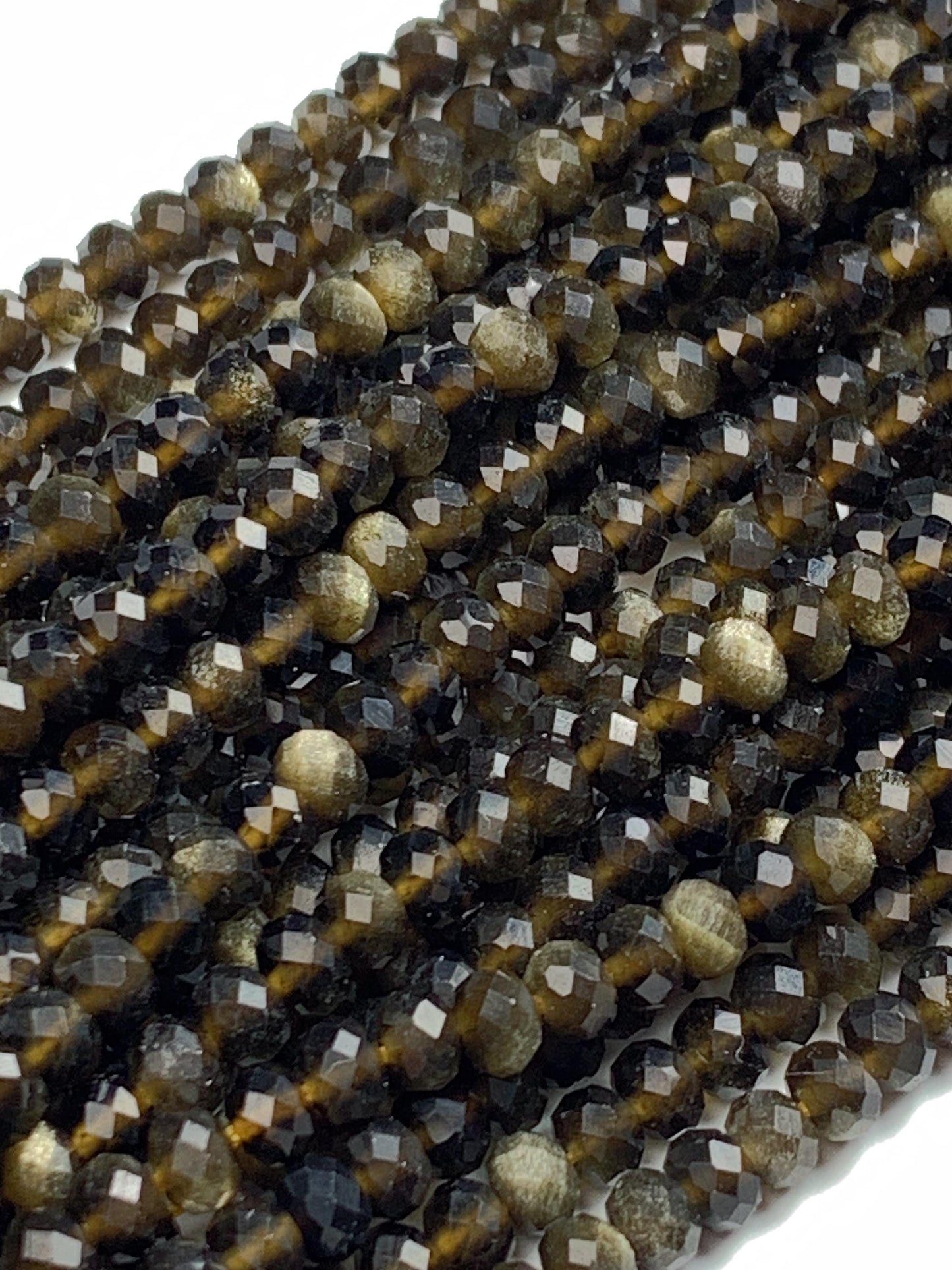 Grade AAA+ Genuine Natural Black Golden Obsidian Faceted Rondelle Beads 15.5" Strand Gold