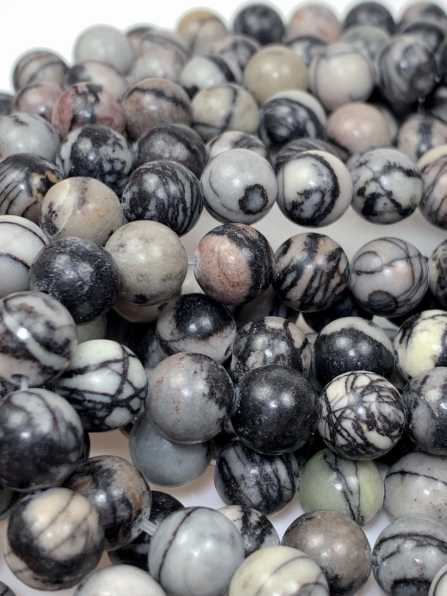 Natural Black Spider Web Jasper Beads: Smooth Round Gemstone Strand
