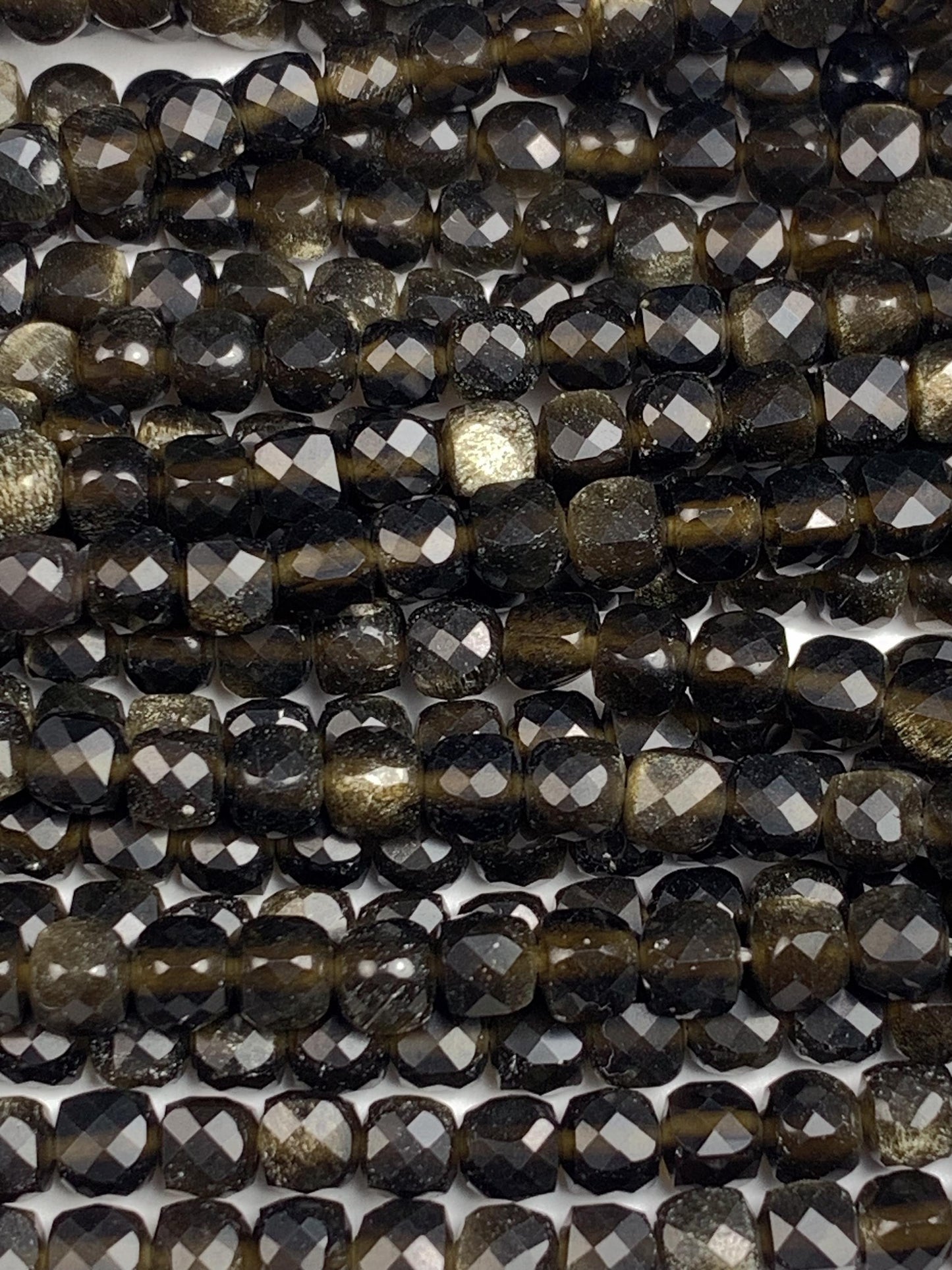 4mm Gold Black Obsidian Cube Beads: Natural Gemstone Strand