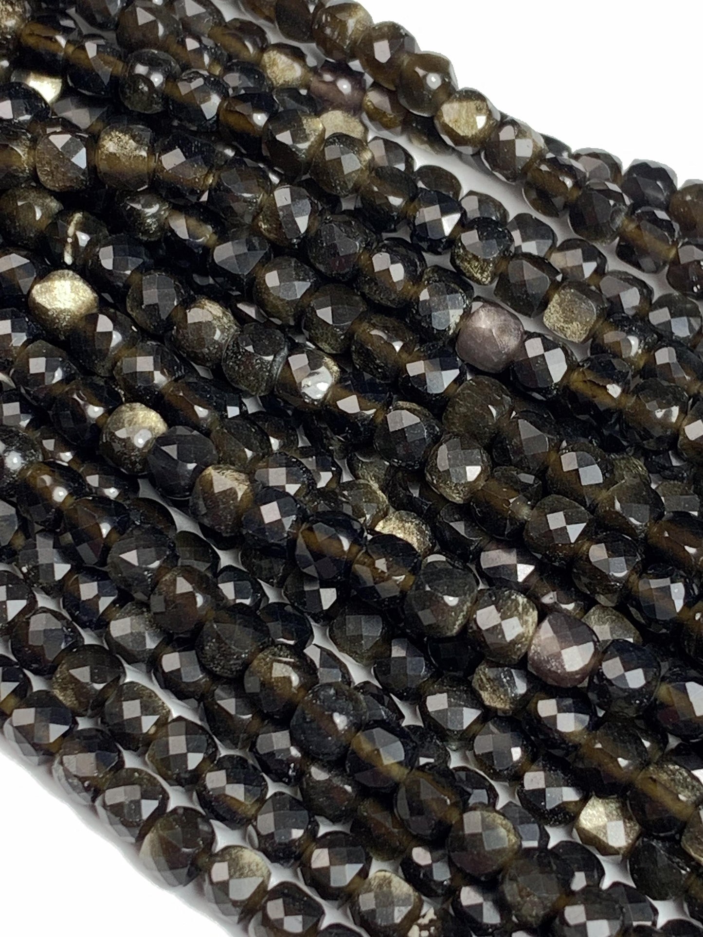 4mm Gold Black Obsidian Cube Beads: Natural Gemstone Strand