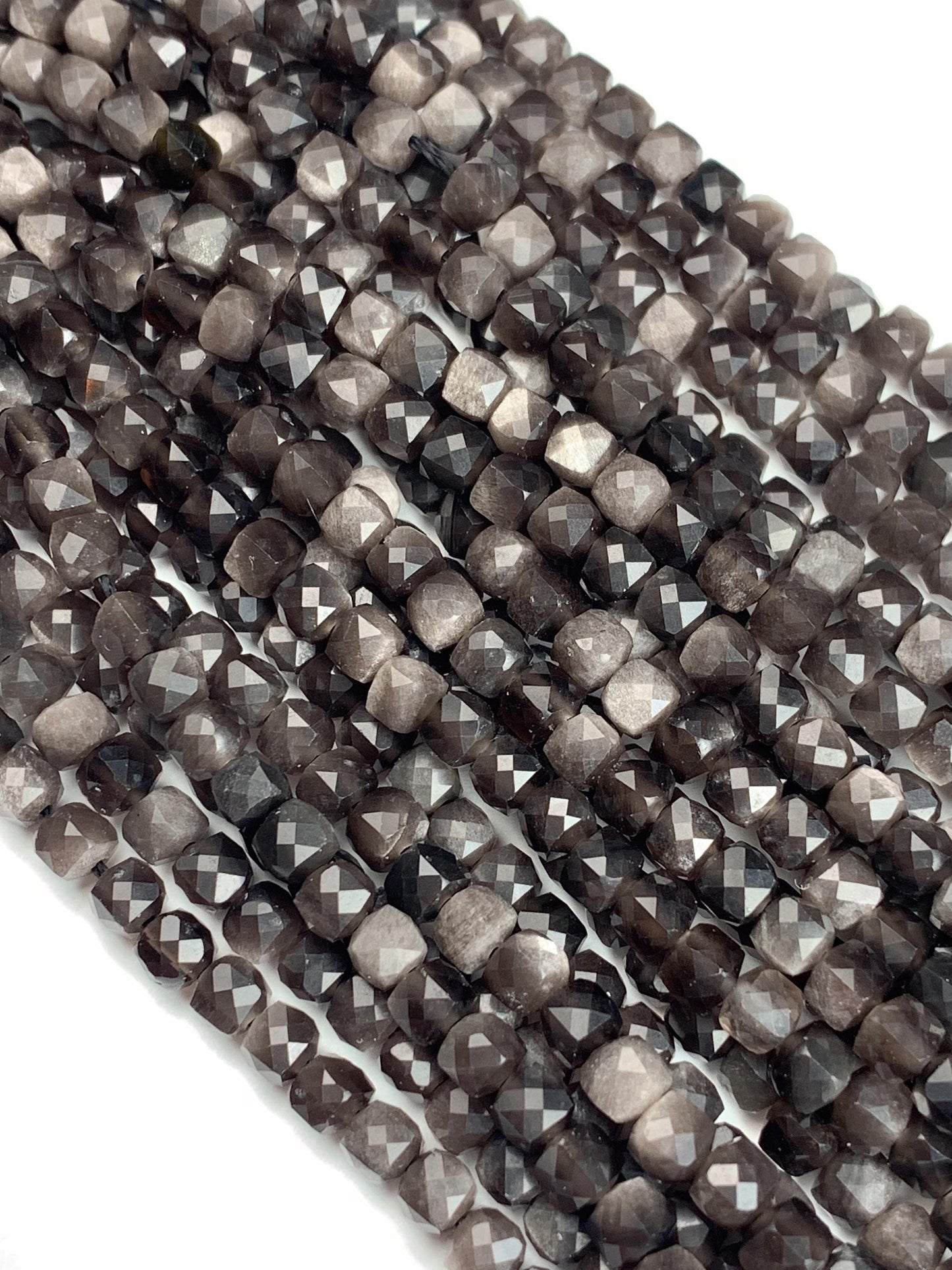 AAA Silver Black Obsidian Cube Beads: Natural Gemstone Strand (15.5")