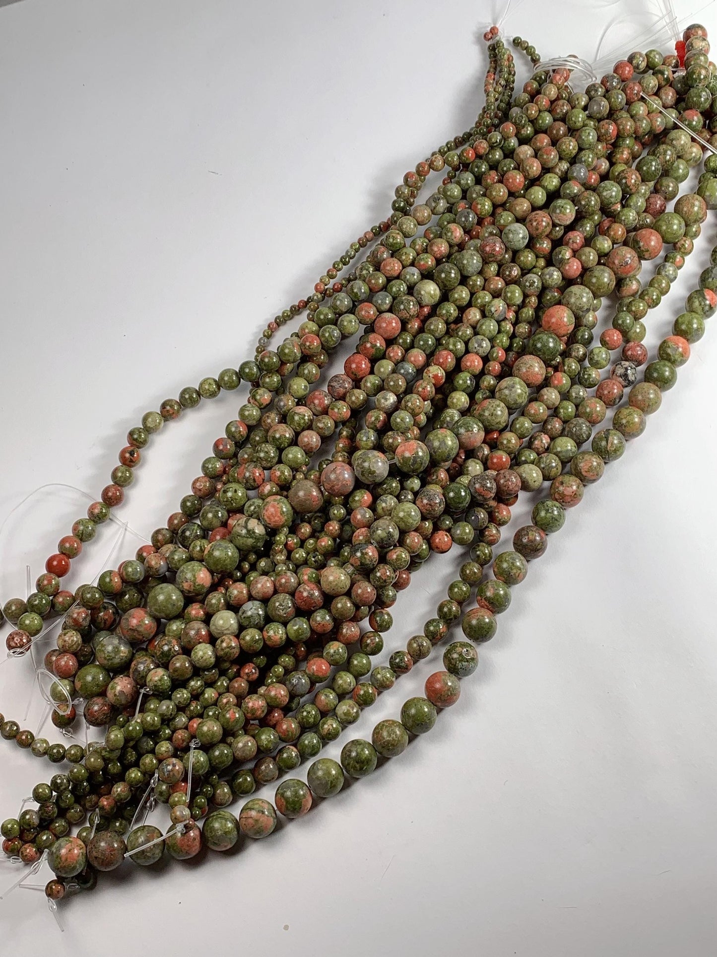 Natural Unakite Smooth Round Beads: Peach, Red & Green, 15.5" Strand