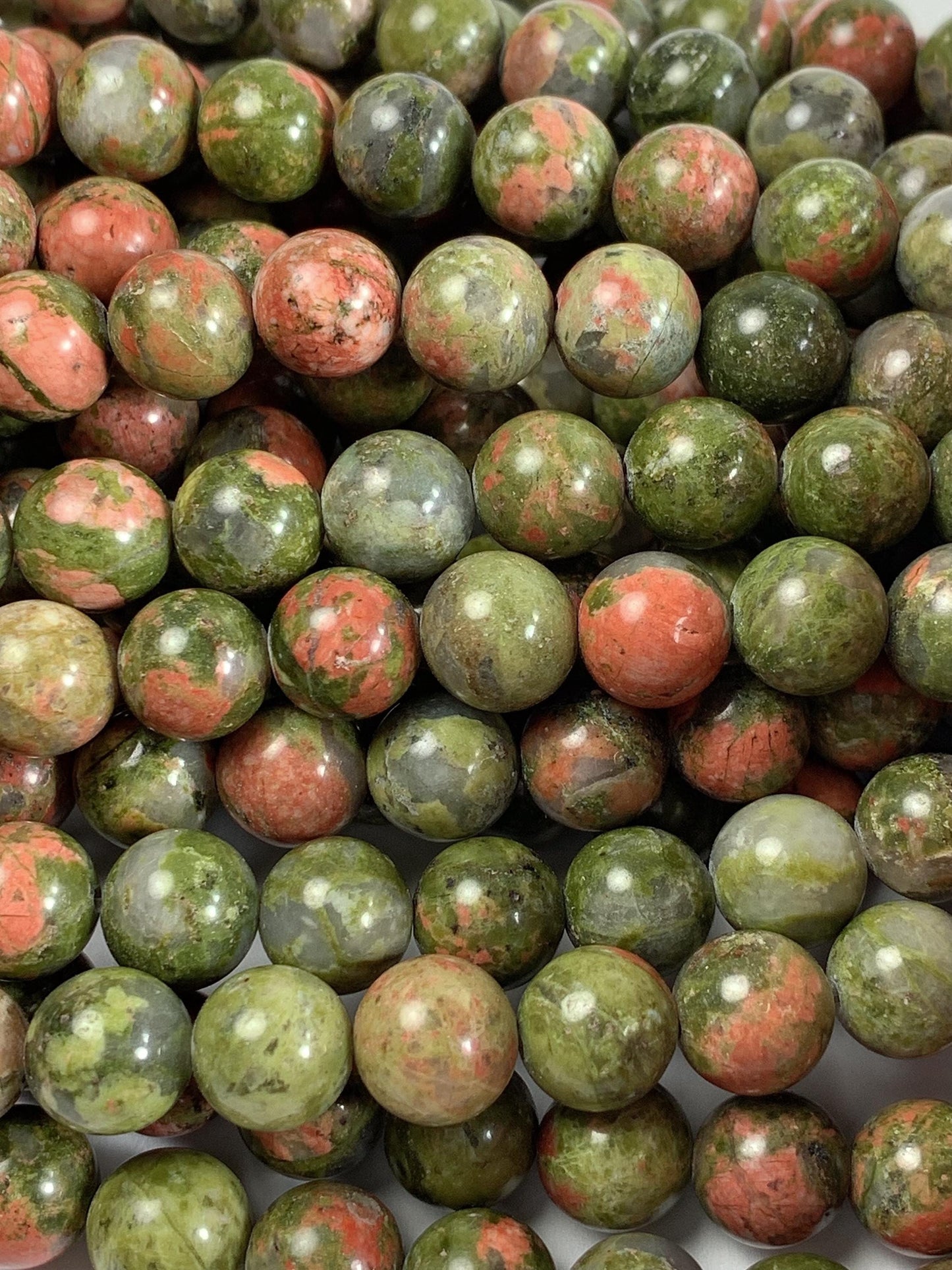Natural Unakite Smooth Round Beads: Peach, Red & Green, 15.5" Strand