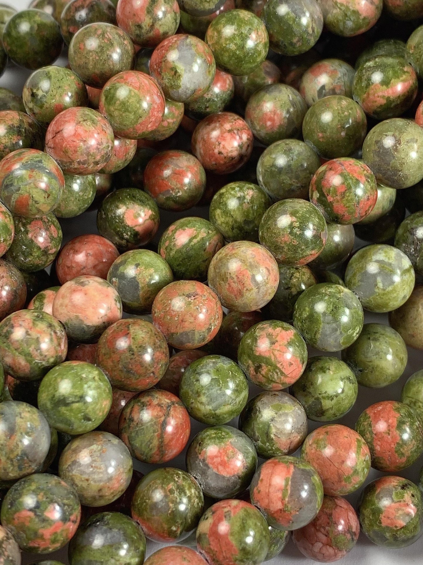 Natural Unakite Smooth Round Beads: Peach, Red & Green, 15.5" Strand