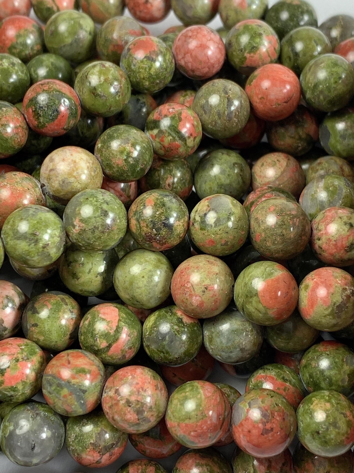 Natural Unakite Smooth Round Beads: Peach, Red & Green, 15.5" Strand