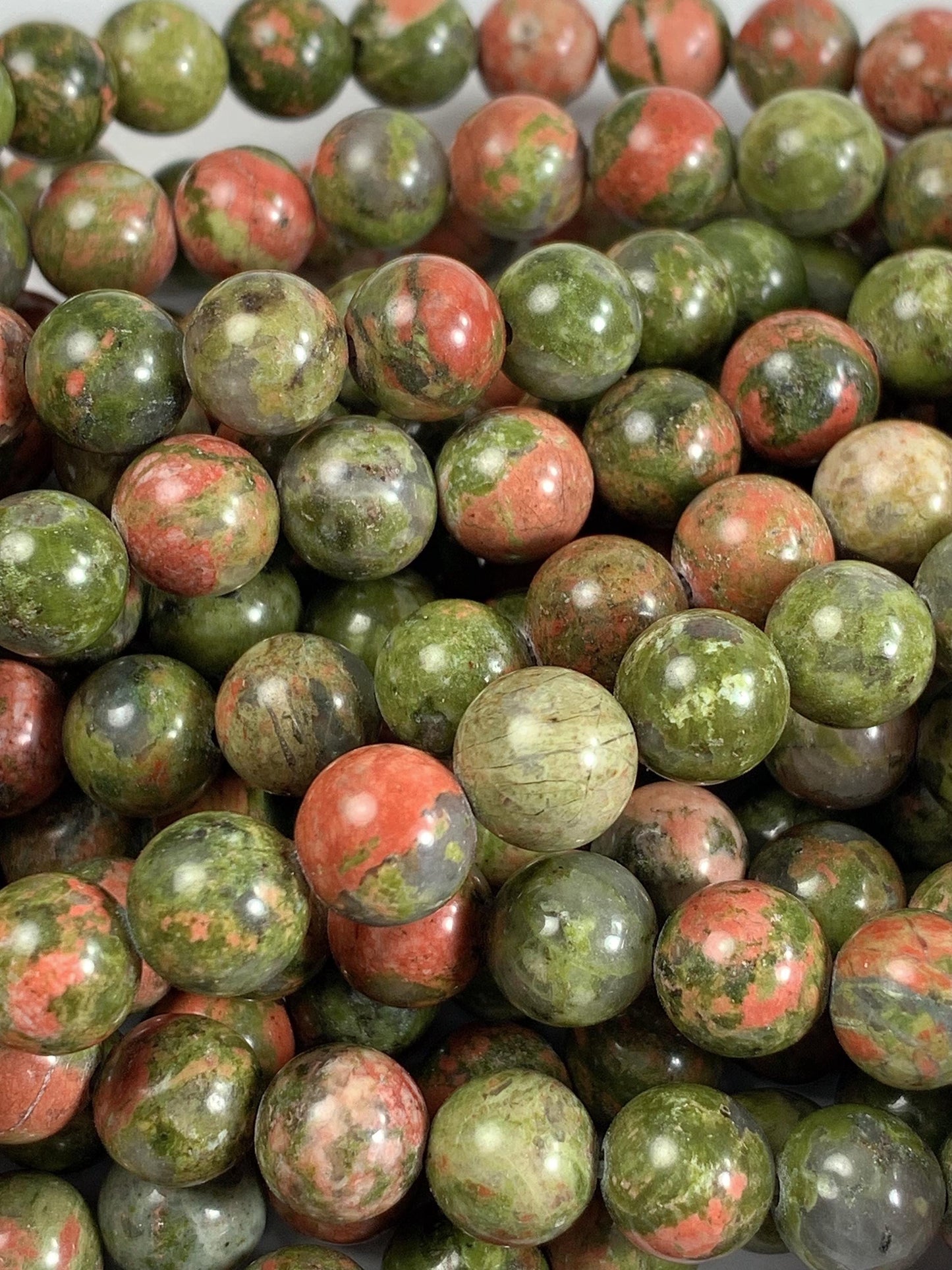 Natural Unakite Smooth Round Beads: Peach, Red & Green, 15.5" Strand