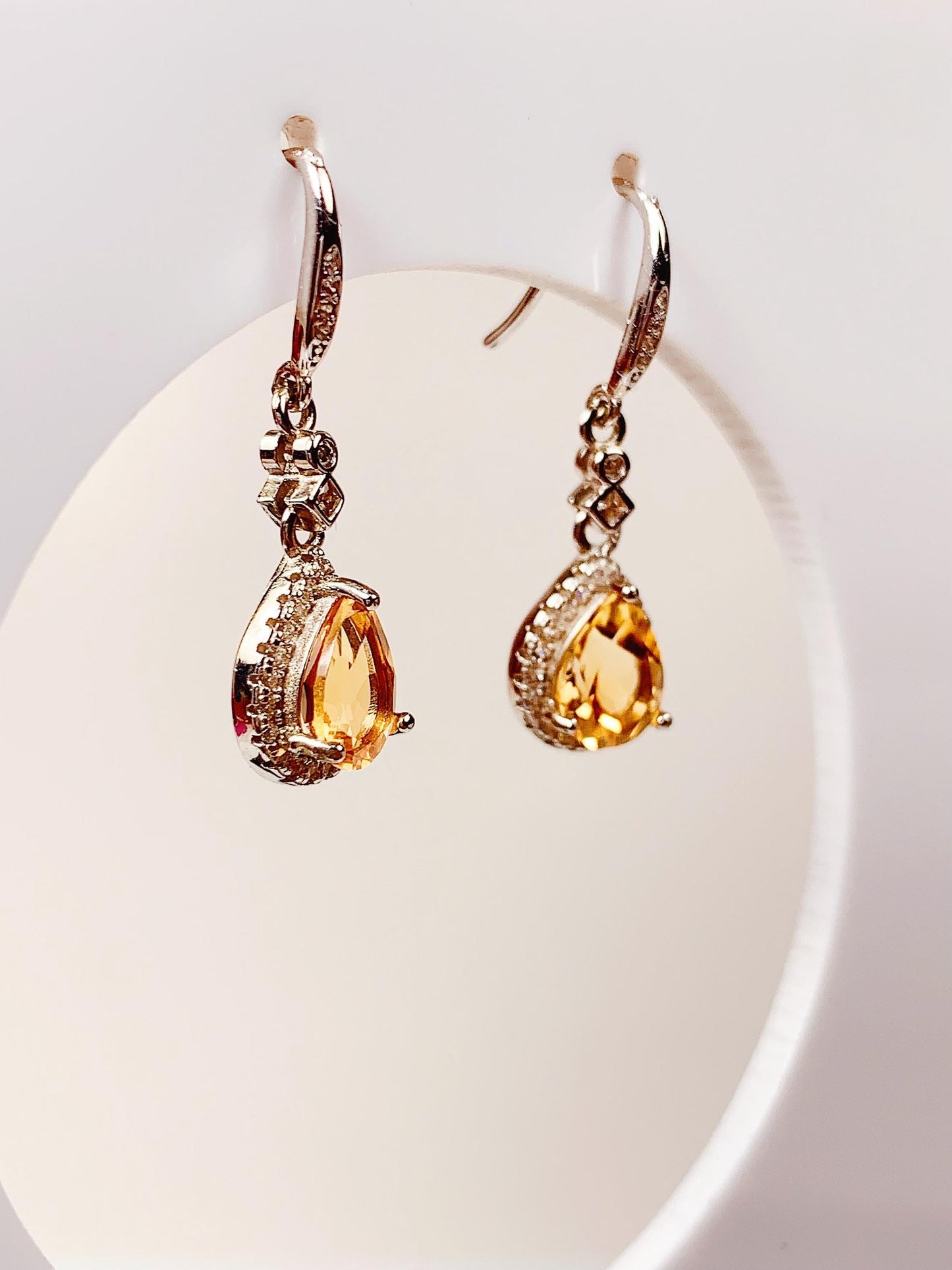 8mmx6mm  Grade AAA Genuine Natural yellow Citrine dorp Cut 18k Gold Plated S 925 Sterling Silver Earring flowers and drop design