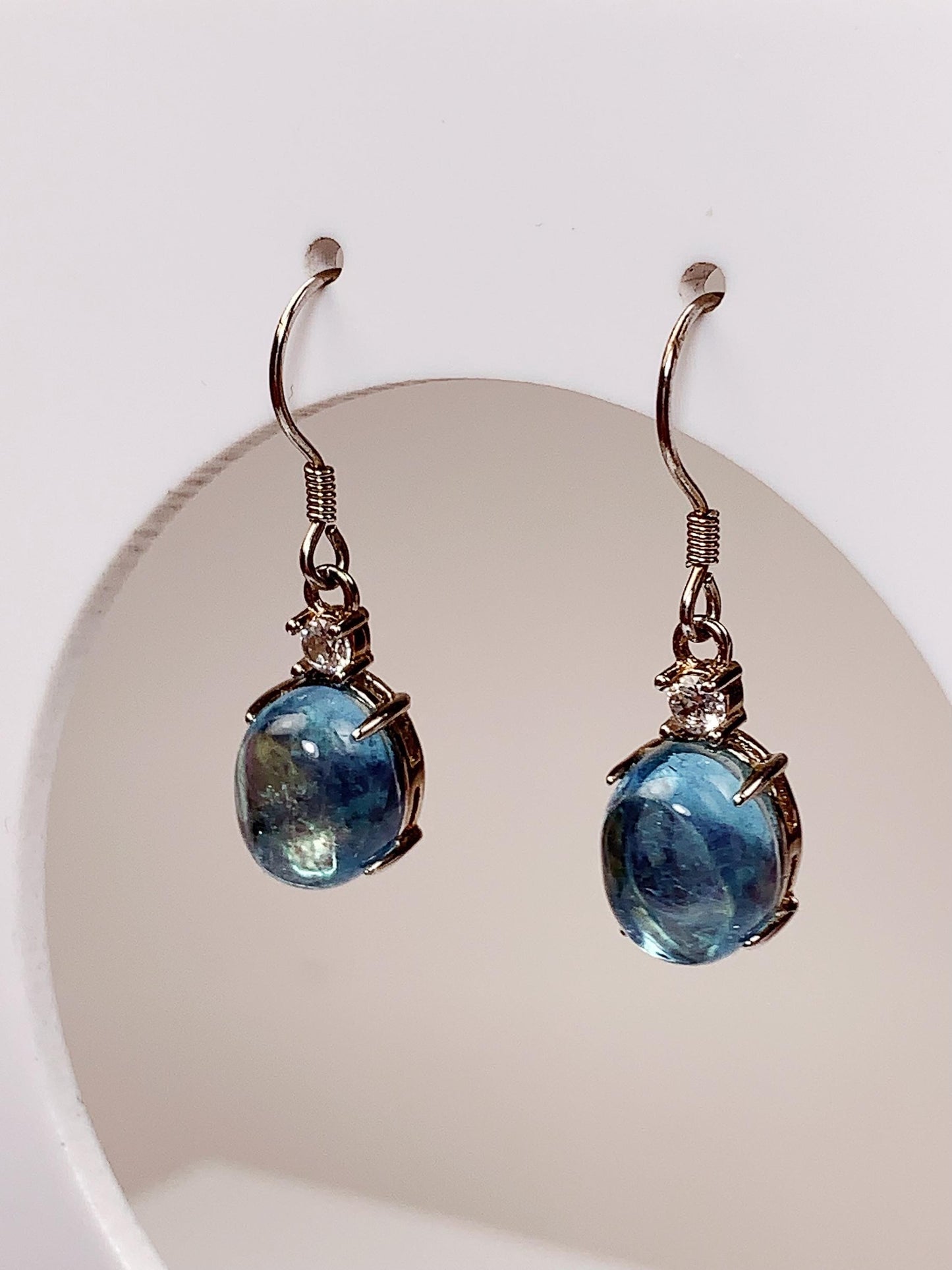 Blue Aquamarine Sterling Silver Earrings: 18k Gold Plated, Oval Cut