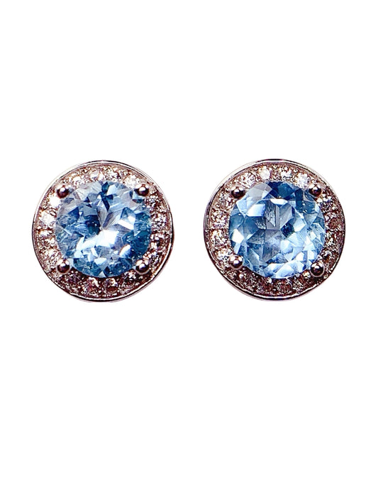 6mm Grade AAA Genuine Natural Sky Blue Topaz faceted round Cut 18k Gold Plated S 925 Sterling Silver Earring
