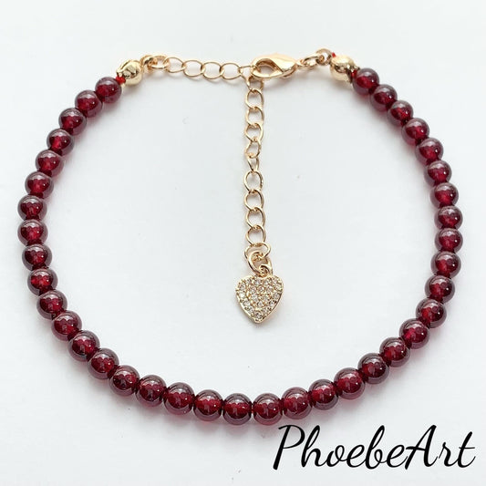 Red Garnet Bracelet: 14K Gold Filled Heart, January Birthstone