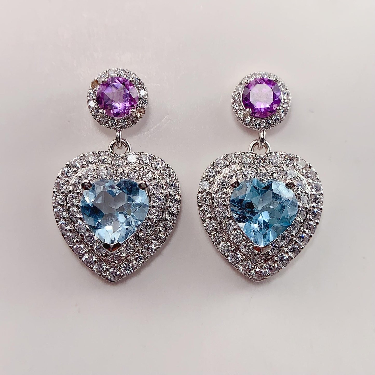 Sky Blue Topaz Heart Earrings: Amethyst, 18k Gold Plated Sterling Silver