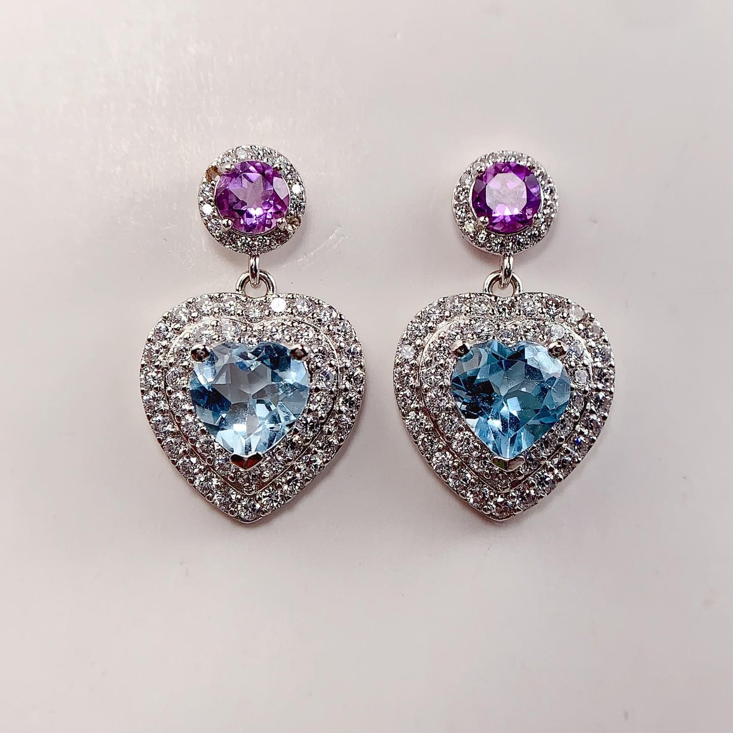 Sky Blue Topaz Heart Earrings: Amethyst, 18k Gold Plated Sterling Silver