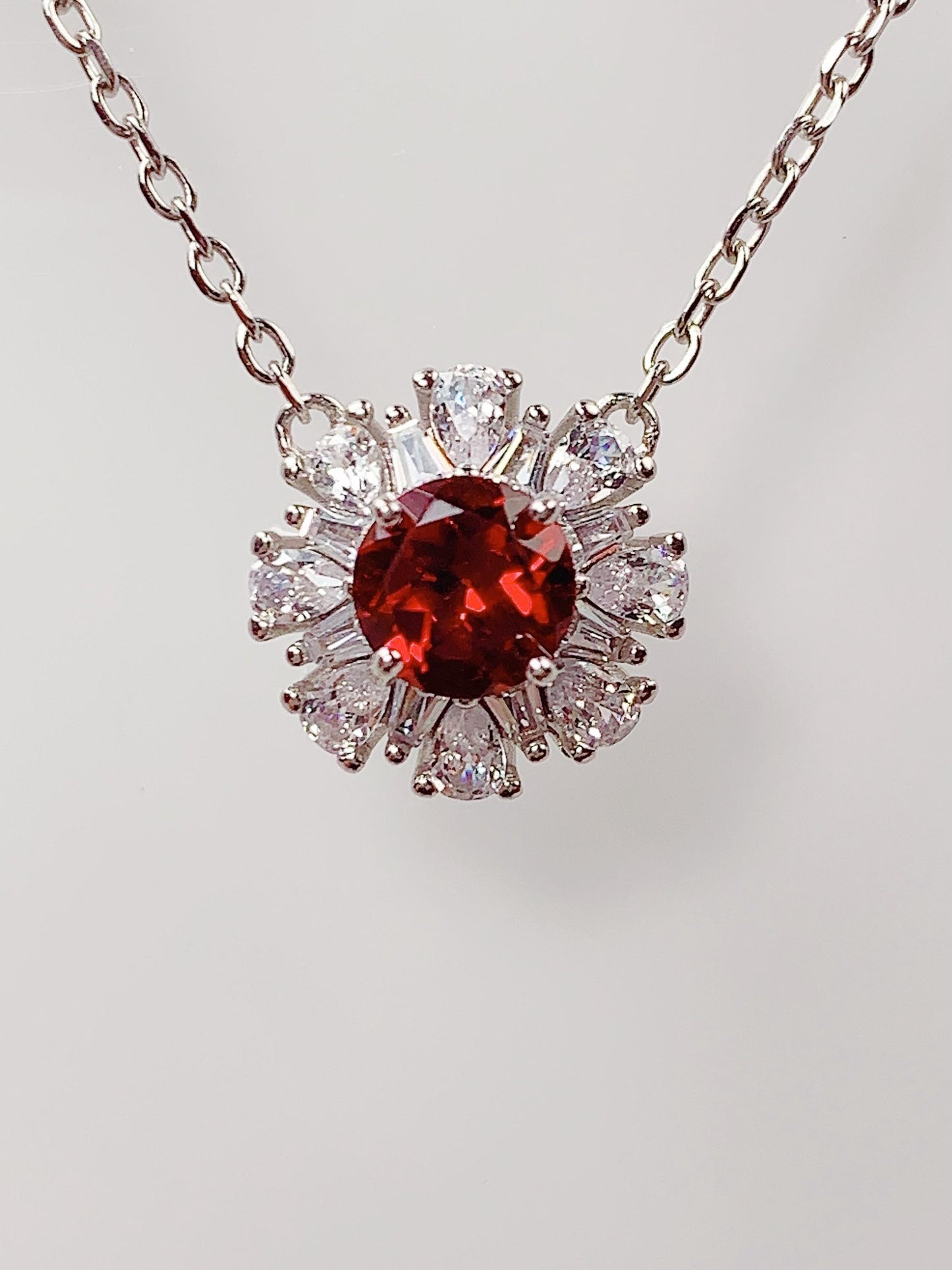 Red Garnet Sterling Silver Pendant Necklace: 18K Gold Plated, 6mm Round Cut
