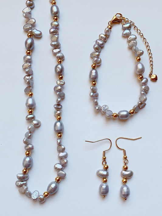 Gray Freshwater Pearl Jewelry Set: 18k Gold Plated Necklace, Bracelet & Earrings