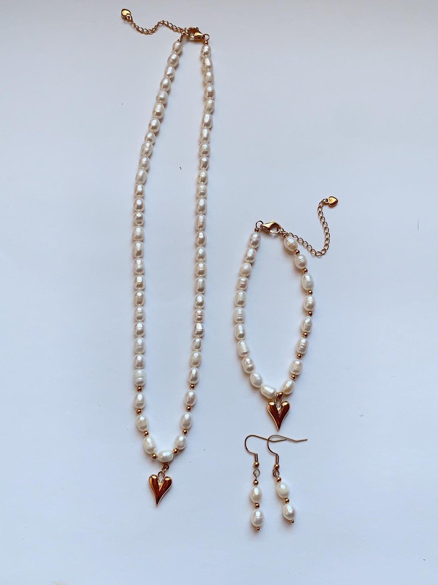 Freshwater Pearl Jewelry Set: 18k Gold Heart Necklace, Bracelet & Earrings