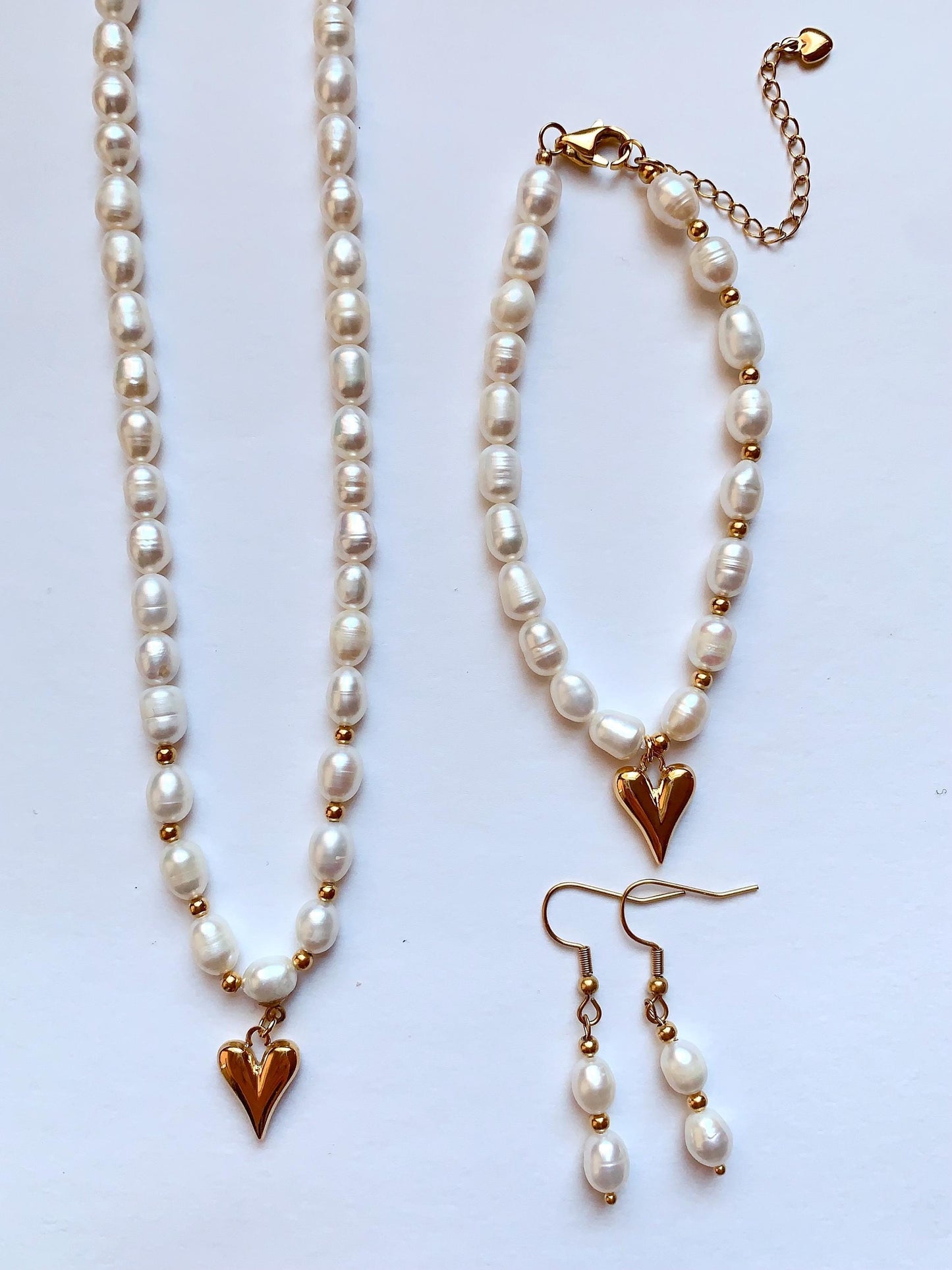 Freshwater Pearl Jewelry Set: 18k Gold Heart Necklace, Bracelet & Earrings