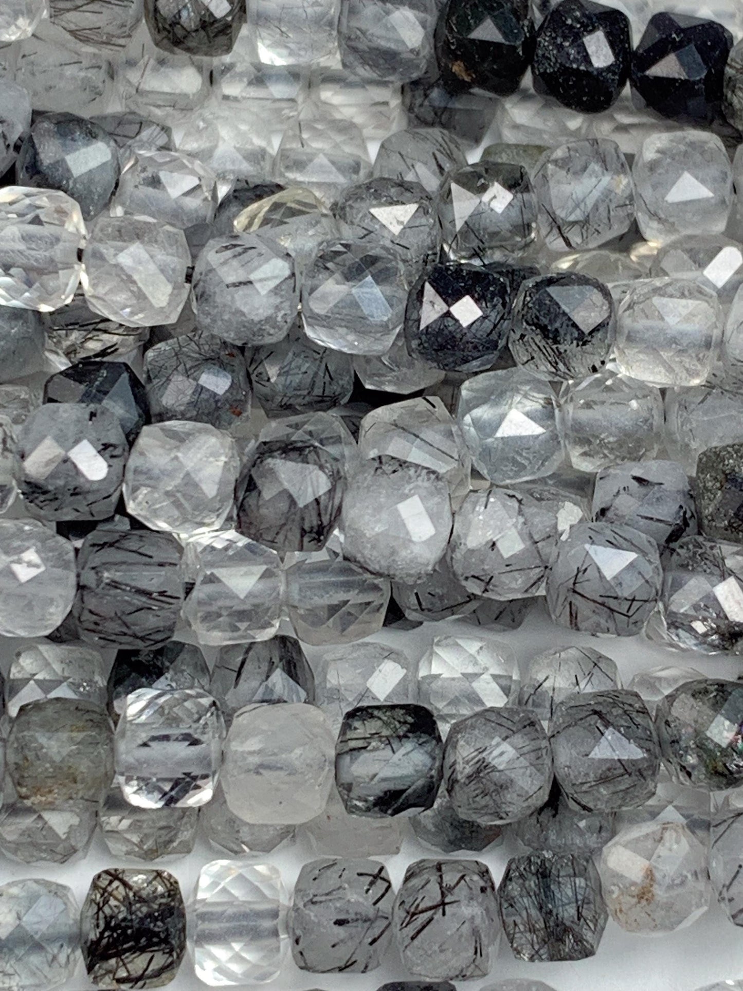 4.5mm AAA Natural Clear Black Rutilated Quartz Faceted Cube Square Beads 15.5 Strand