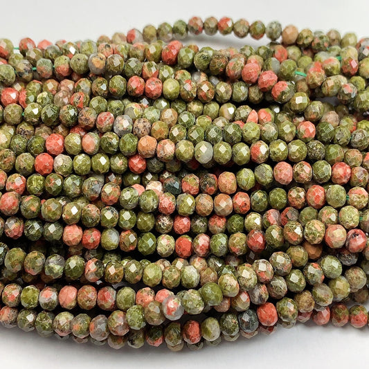 Natural Unakite Faceted Rondelle Beads: Green & Red Gemstone Strand