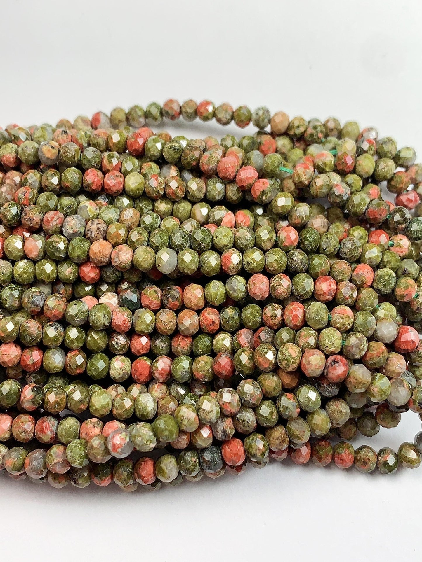 Natural Unakite Faceted Rondelle Beads: Green & Red Gemstone Strand