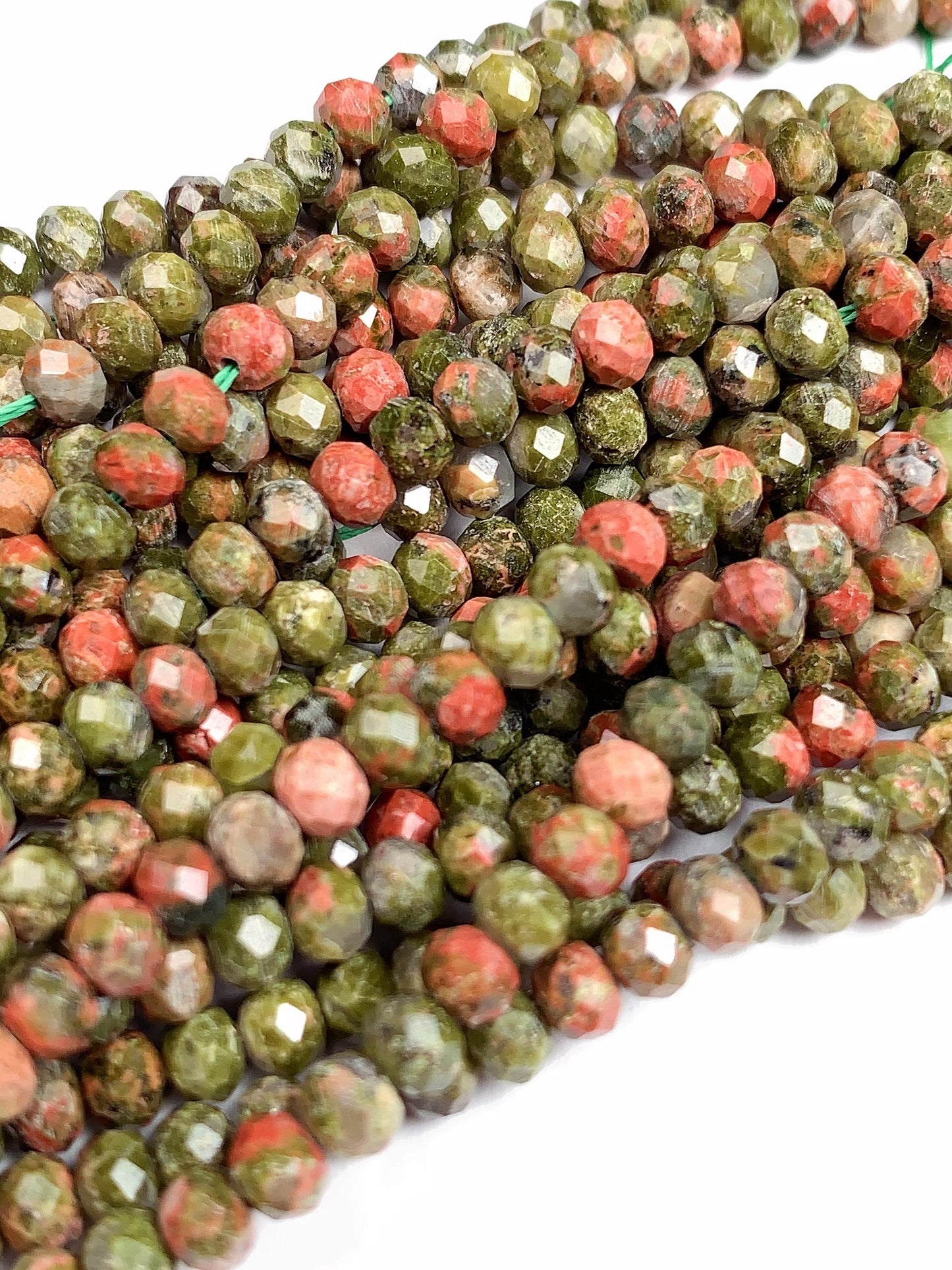 Natural Unakite Faceted Rondelle Beads: Green & Red Gemstone Strand