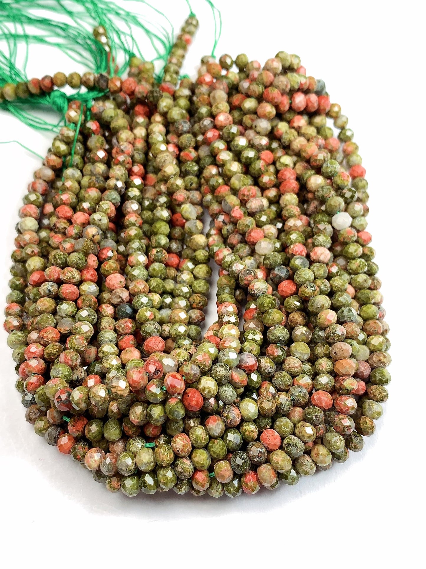 Natural Unakite Faceted Rondelle Beads: Green & Red Gemstone Strand