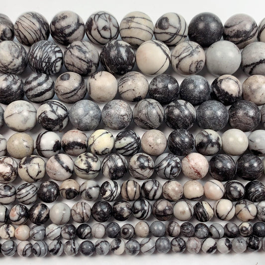 Natural Black Spider Web Jasper Beads: Smooth Round Gemstone Strand