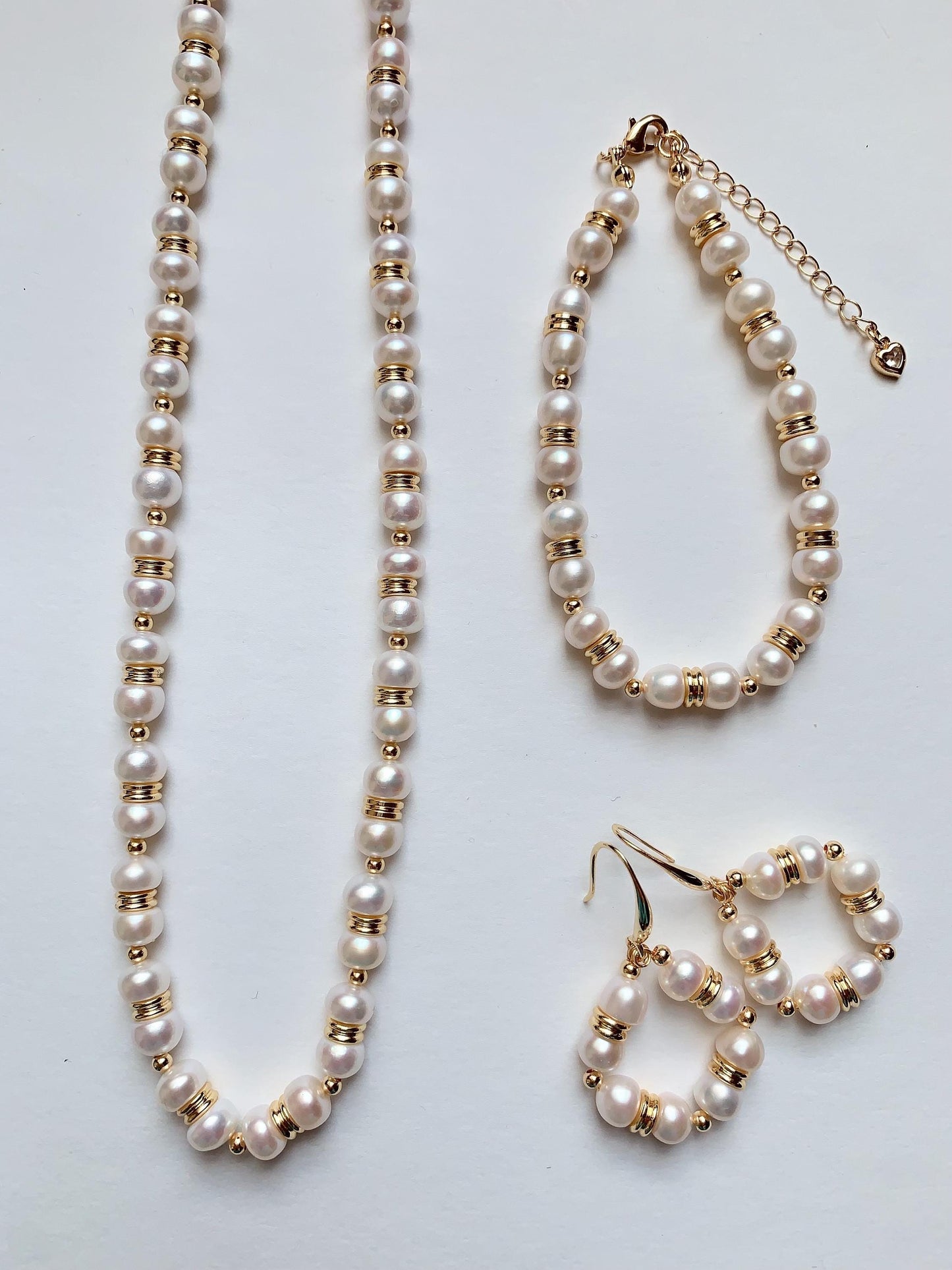 18k Gold Filled Freshwater Pearl Jewelry Set: Necklace, Bracelet & Earrings