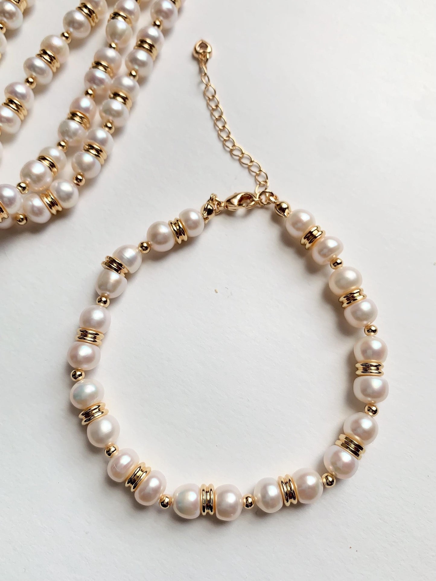 18k Gold Filled Freshwater Pearl Jewelry Set: Necklace, Bracelet & Earrings