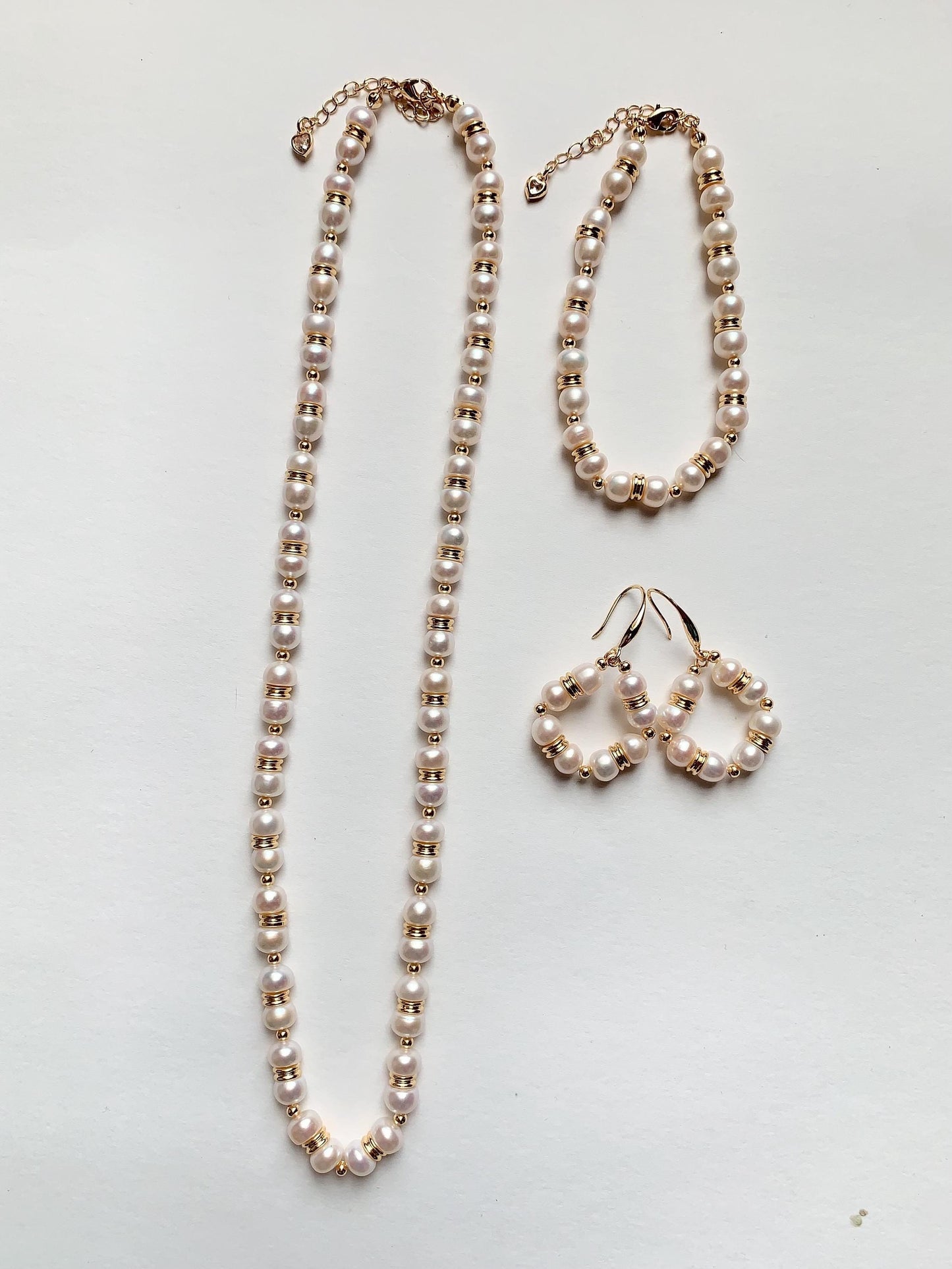 18k Gold Filled Freshwater Pearl Jewelry Set: Necklace, Bracelet & Earrings