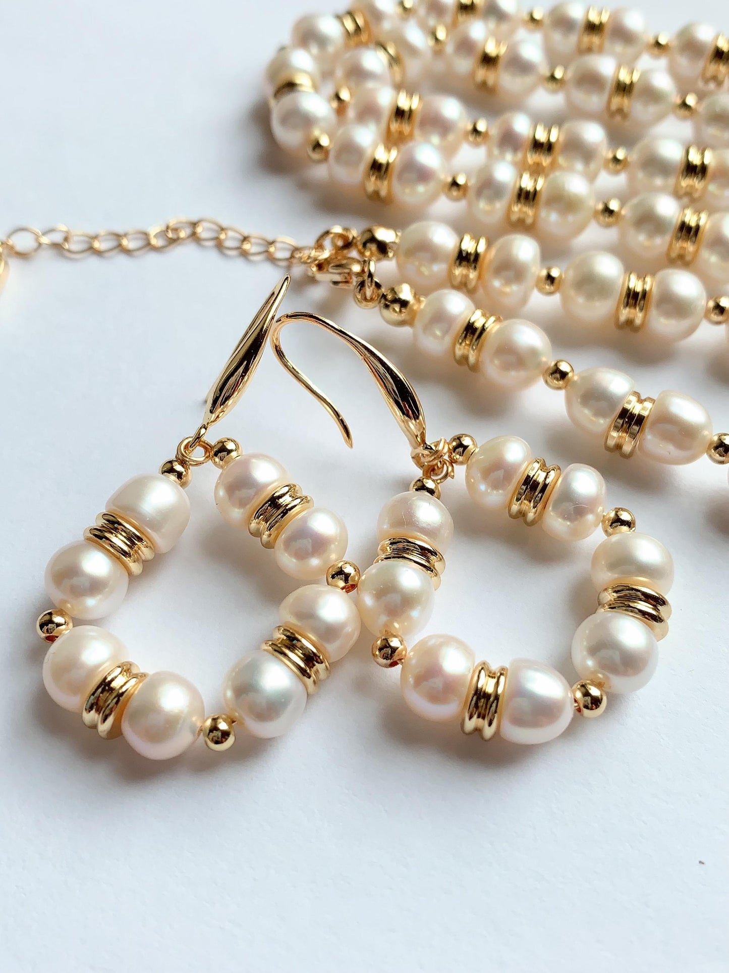 18k Gold Filled Freshwater Pearl Jewelry Set: Necklace, Bracelet & Earrings