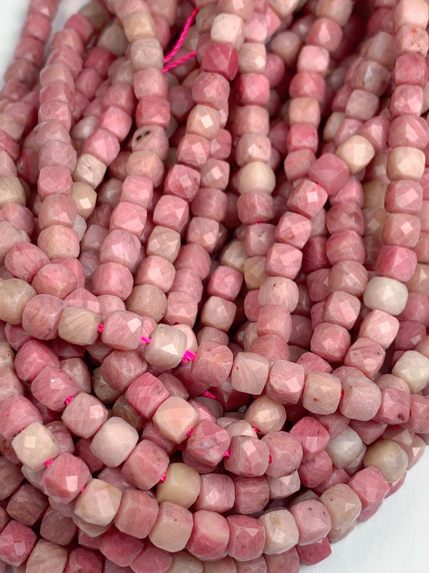 4mm + Genuine Natural Pink Rhodonite Faceted Cube Square Beads 15.5" Strand