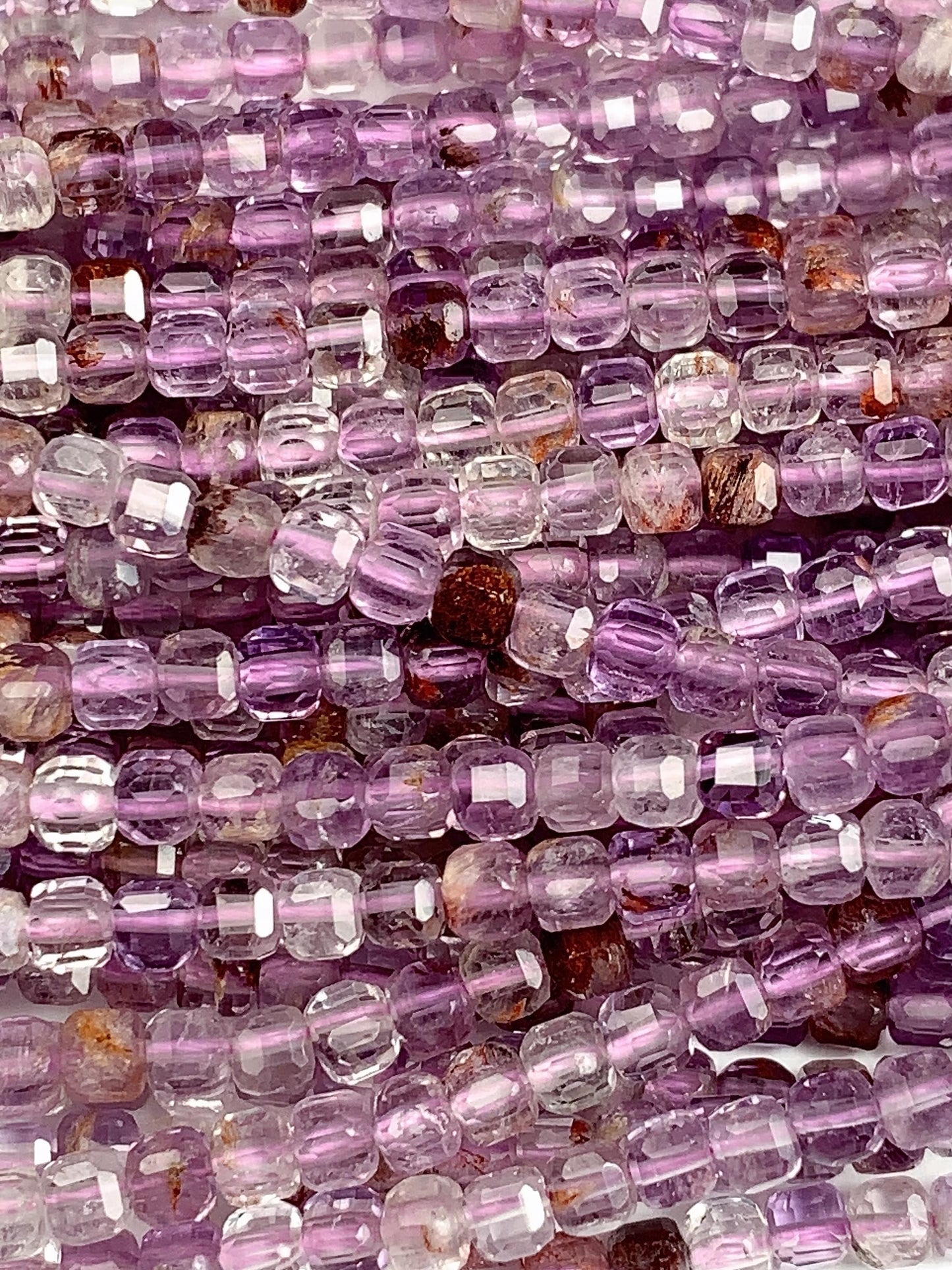 3mm Supper 7 seven Crystal Phantom Amethyst Cacoxenite Faceted Cube Square Beads 15.5" Strand Gemstone