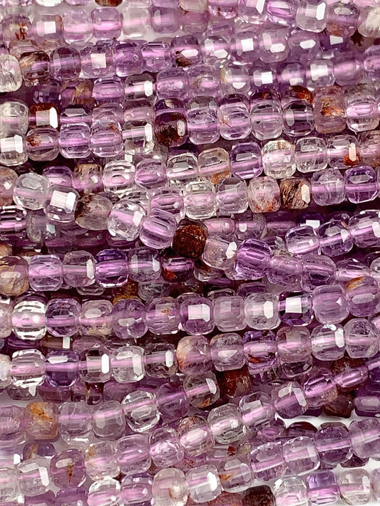 3mm Supper 7 seven Crystal Phantom Amethyst Cacoxenite Faceted Cube Square Beads 15.5" Strand Gemstone