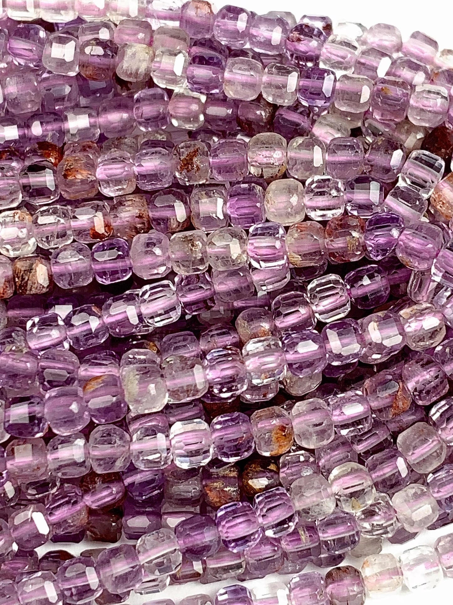 3mm Supper 7 seven Crystal Phantom Amethyst Cacoxenite Faceted Cube Square Beads 15.5" Strand Gemstone