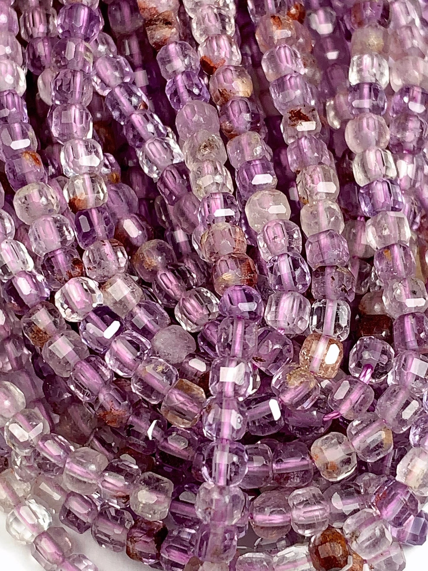 3mm Supper 7 seven Crystal Phantom Amethyst Cacoxenite Faceted Cube Square Beads 15.5" Strand Gemstone