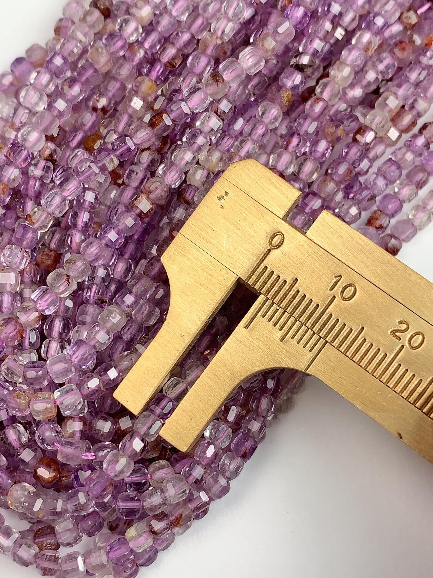 3mm Supper 7 seven Crystal Phantom Amethyst Cacoxenite Faceted Cube Square Beads 15.5" Strand Gemstone