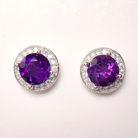 Amethyst Sterling Silver Earrings: 18k Gold Plated, Round Cut