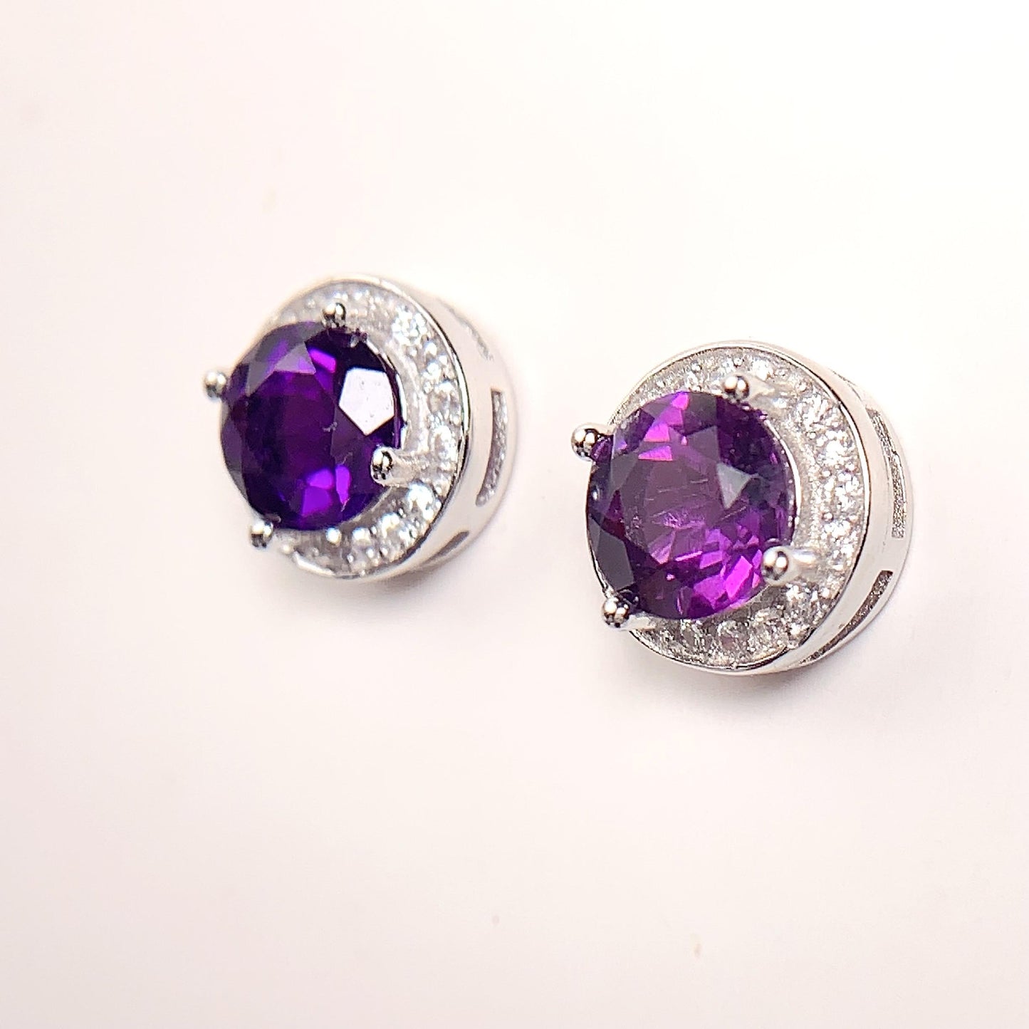 Amethyst Sterling Silver Earrings: 18k Gold Plated, Round Cut
