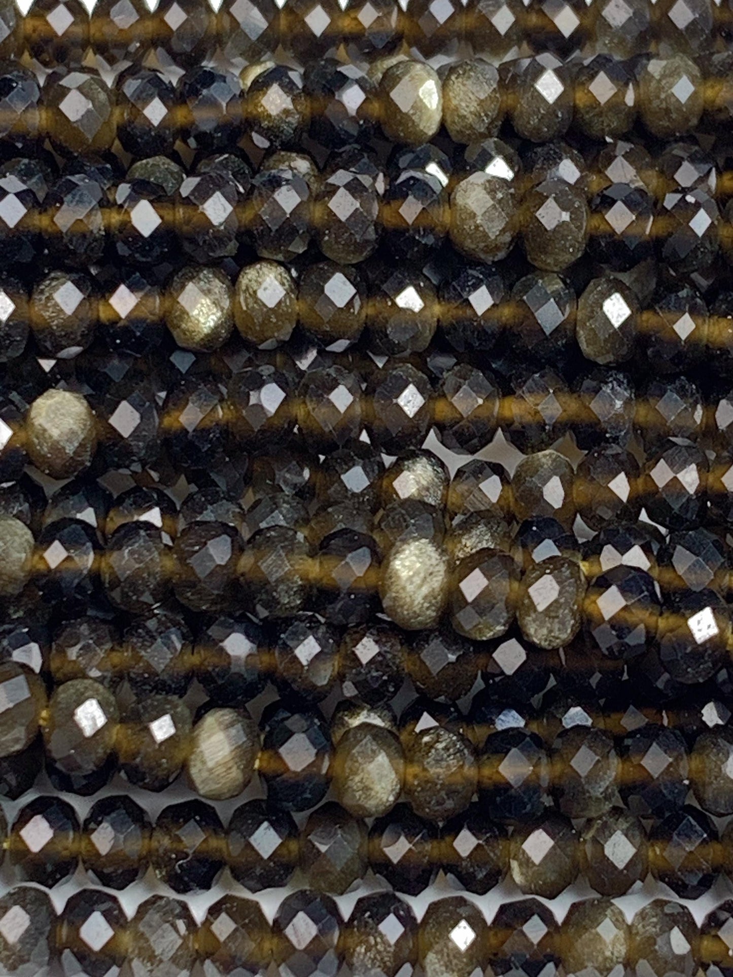 Grade AAA+ Genuine Natural Black Golden Obsidian Faceted Rondelle Beads 15.5" Strand Gold