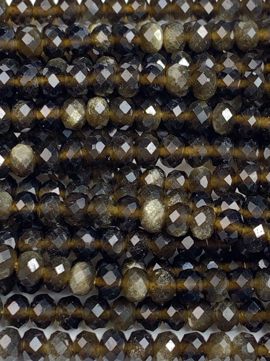 Grade AAA+ Genuine Natural Black Golden Obsidian Faceted Rondelle Beads 15.5" Strand Gold