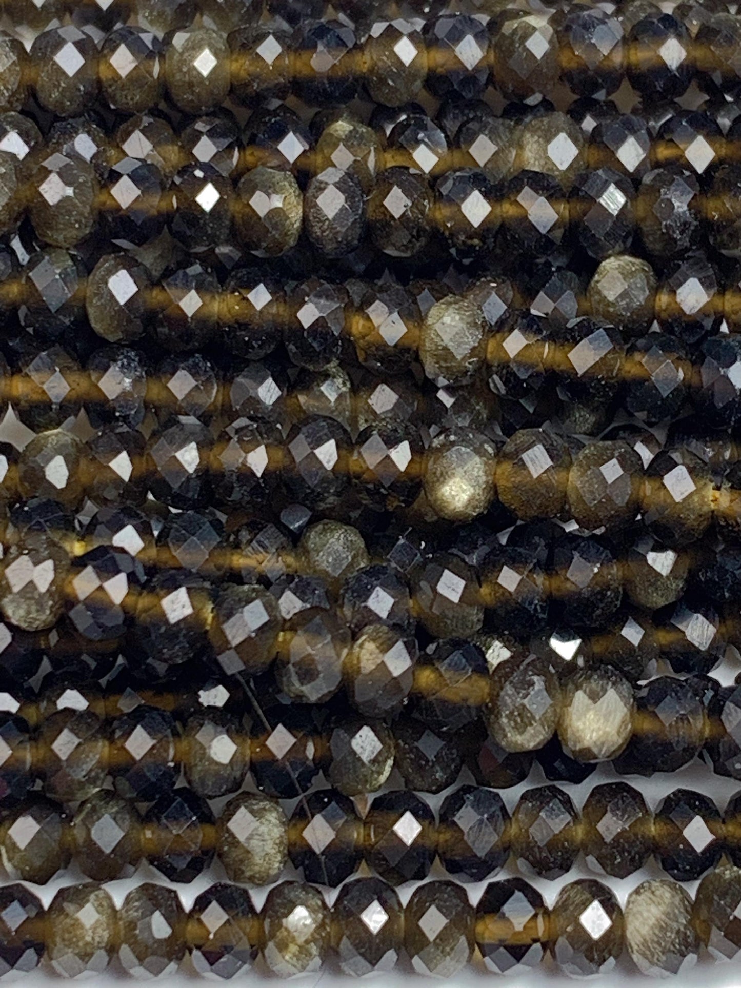 Grade AAA+ Genuine Natural Black Golden Obsidian Faceted Rondelle Beads 15.5" Strand Gold