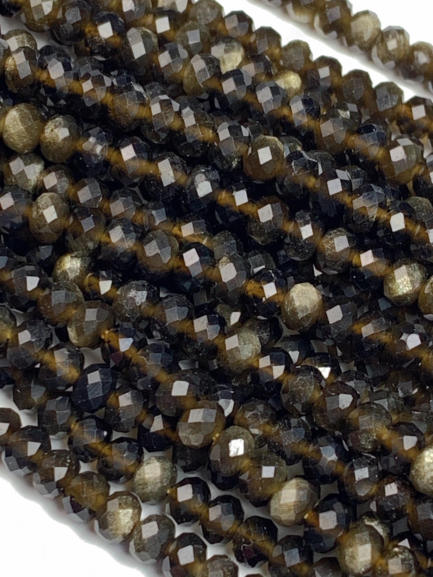 Grade AAA+ Genuine Natural Black Golden Obsidian Faceted Rondelle Beads 15.5" Strand Gold