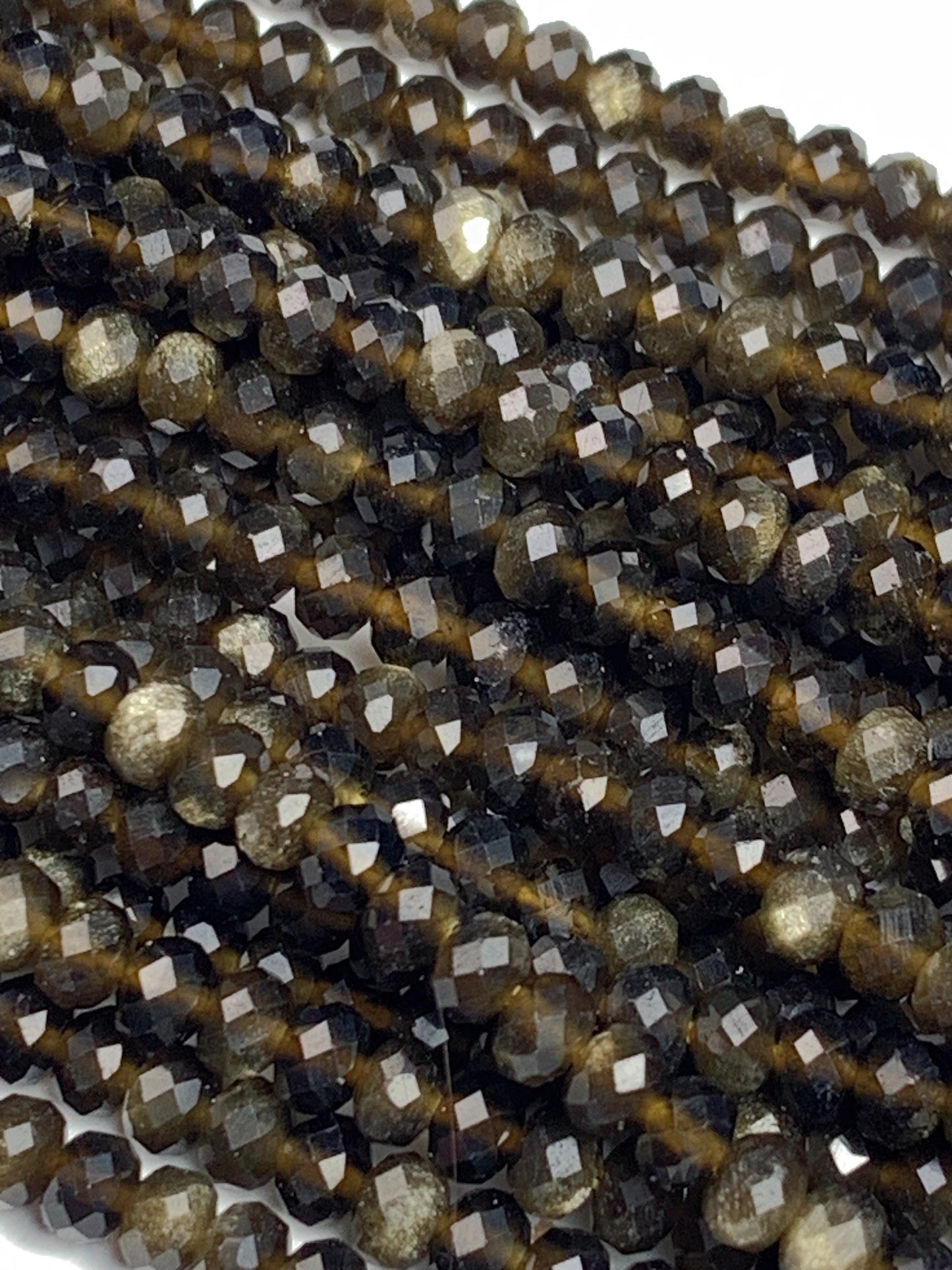 Grade AAA+ Genuine Natural Black Golden Obsidian Faceted Rondelle Beads 15.5" Strand Gold
