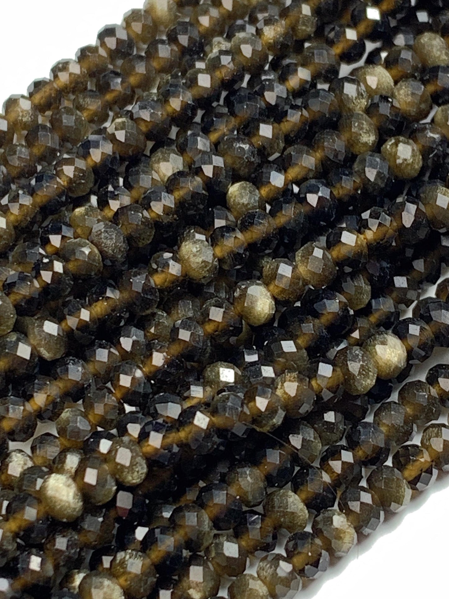 Grade AAA+ Genuine Natural Black Golden Obsidian Faceted Rondelle Beads 15.5" Strand Gold