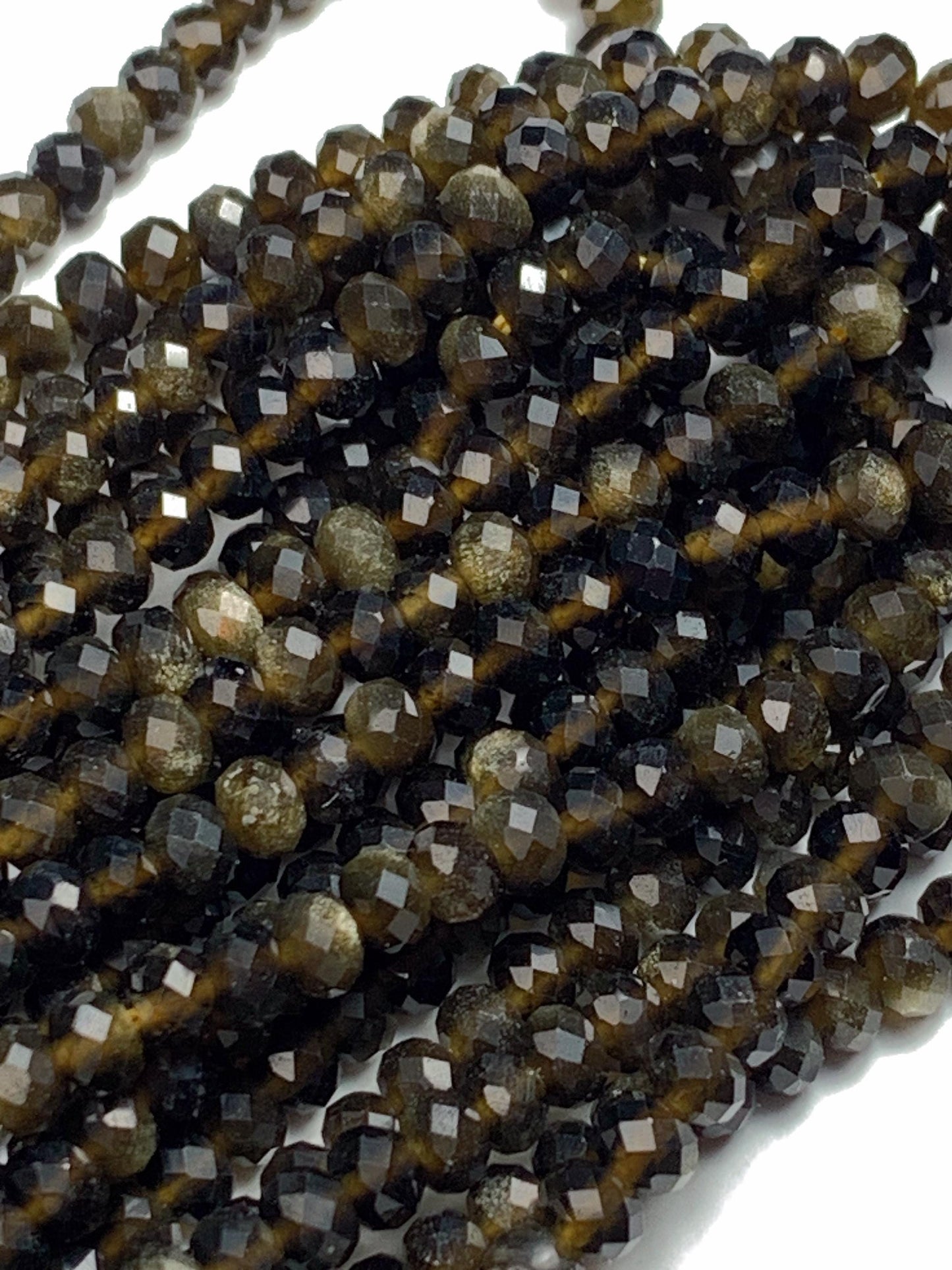 Grade AAA+ Genuine Natural Black Golden Obsidian Faceted Rondelle Beads 15.5" Strand Gold